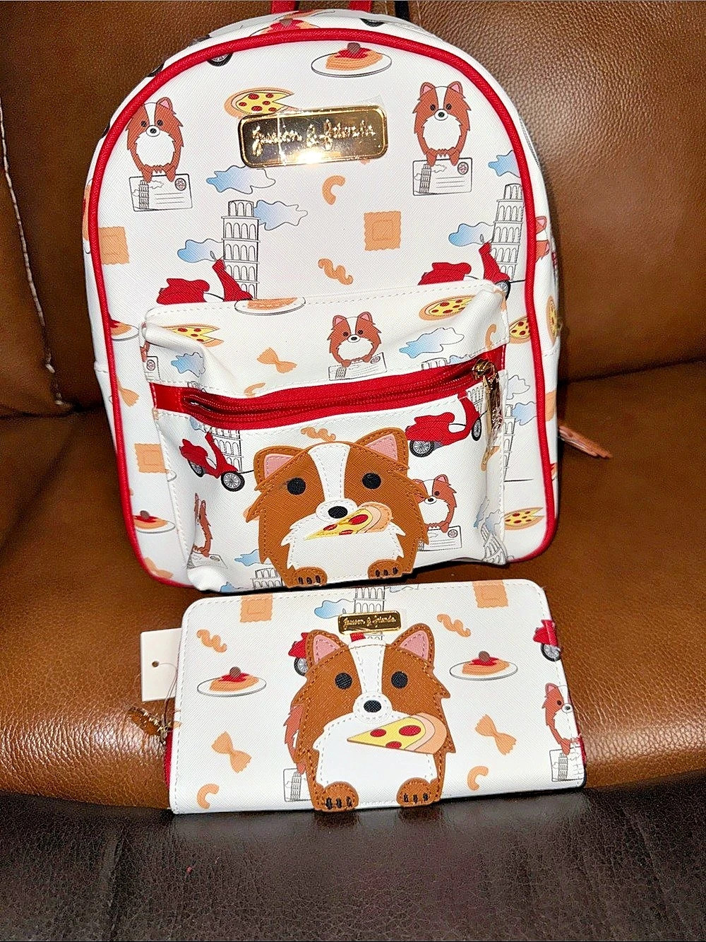 Dog Pizza Print Backpack Set in White & Red